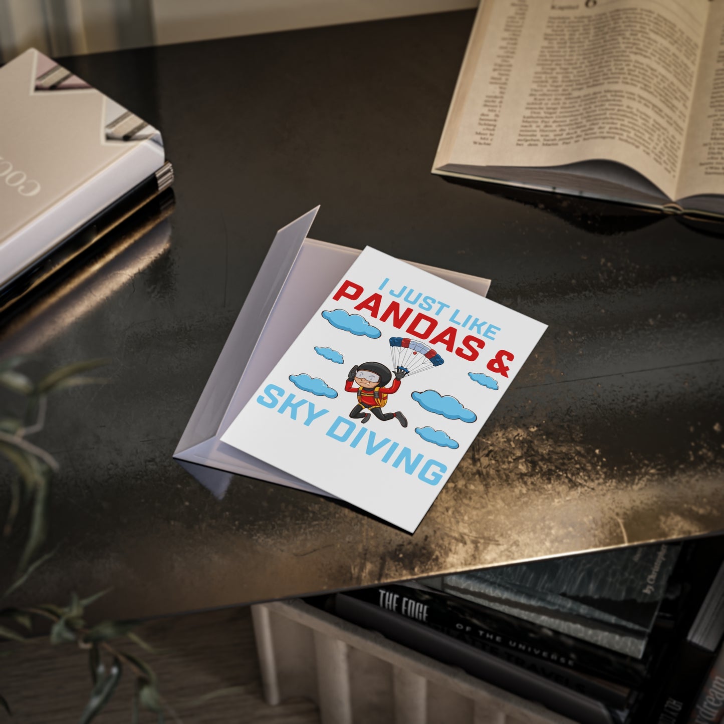 Whimsical Holiday Cards, Fun Greeting Card, Skydiving Card, Panda Lover Card, Unique One-sided Print Card