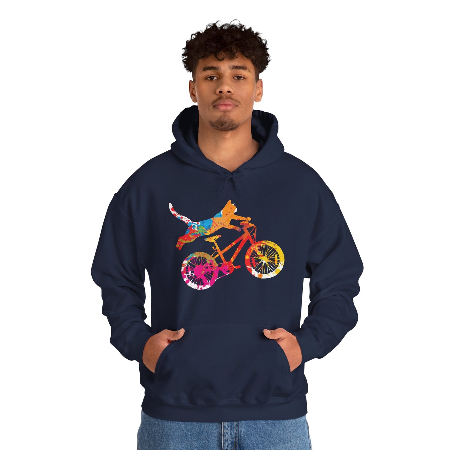 Cat on Bike Colorful Graphic Hoodie — Playful Bicycle Cat Art Sweatshirt