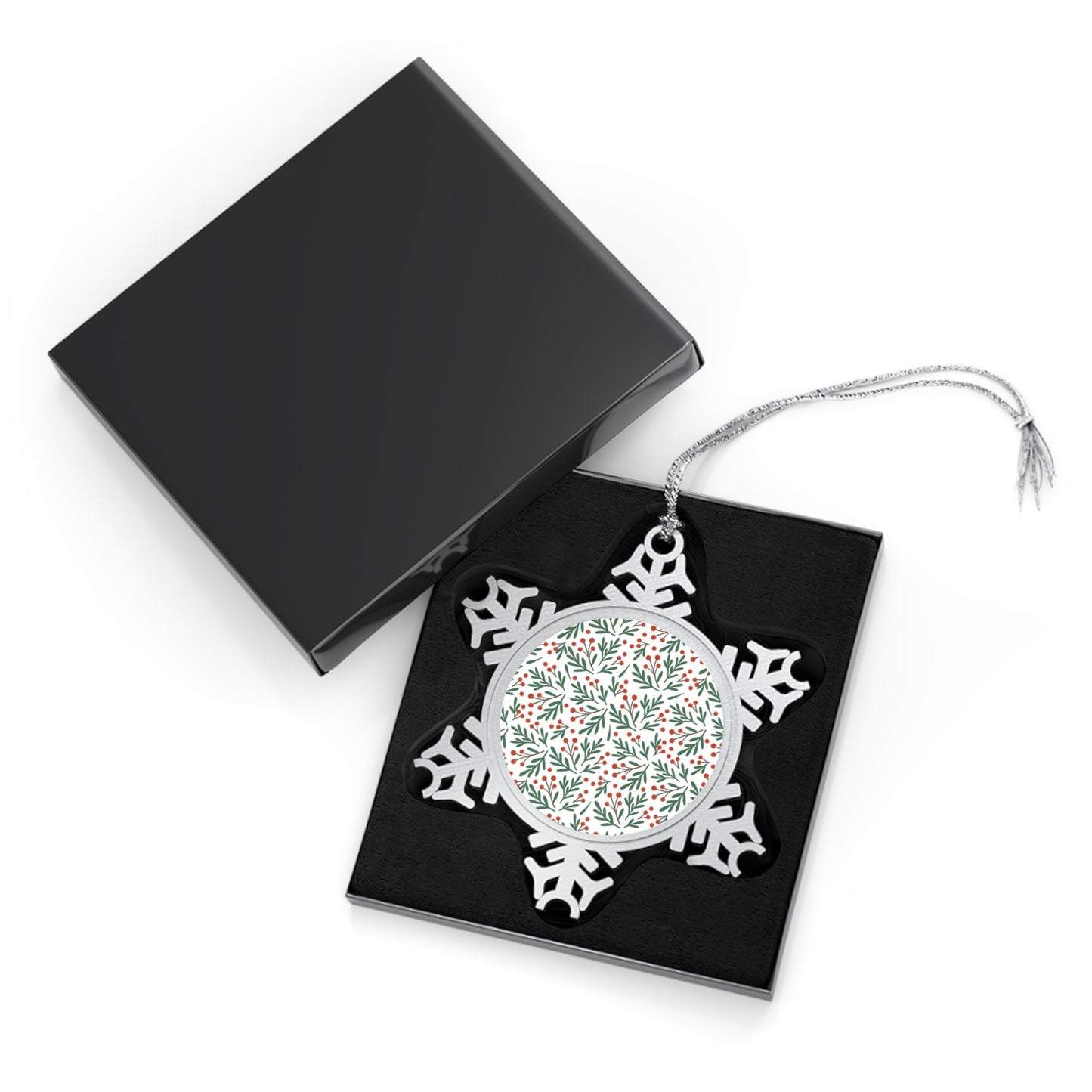 Pewter Snowflake Ornament with Holly Pattern — Festive Christmas Tree Decoration