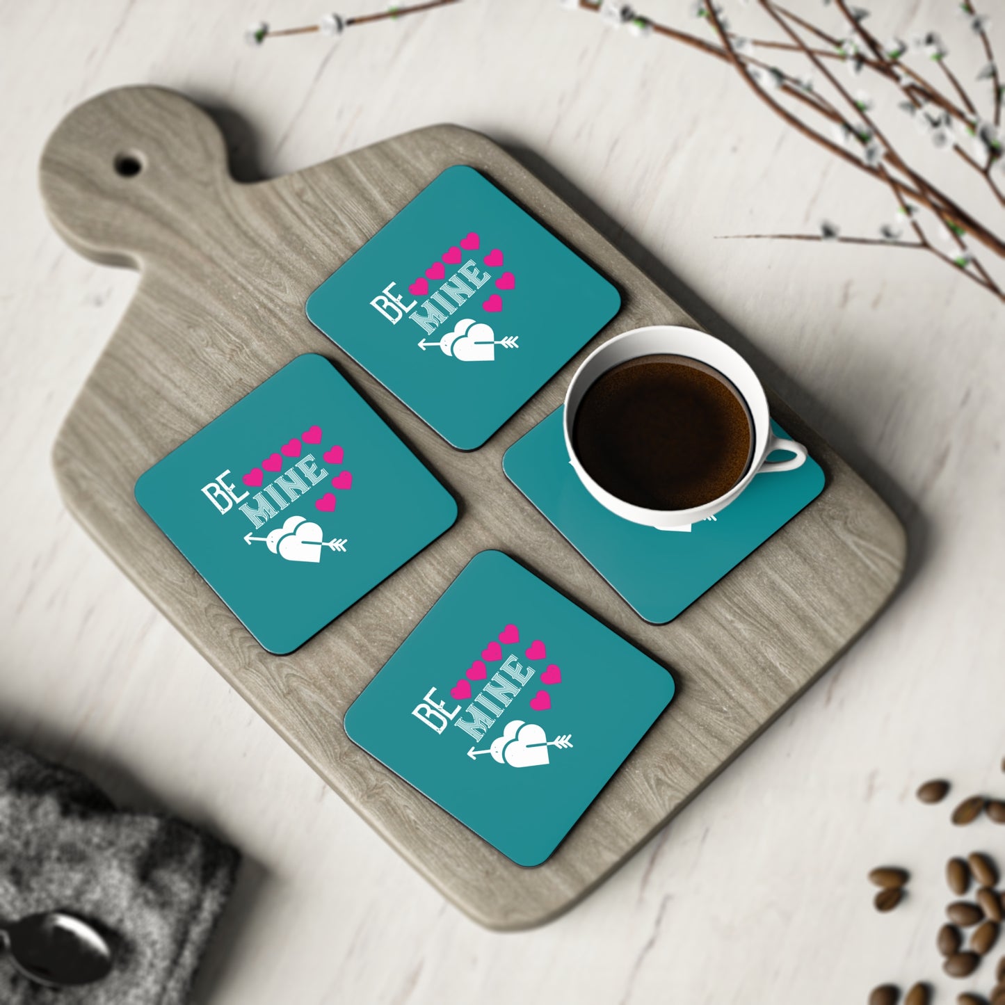 Valentine 'Be Mine' Heart Coasters — Romantic Cork Drink Coaster Set
