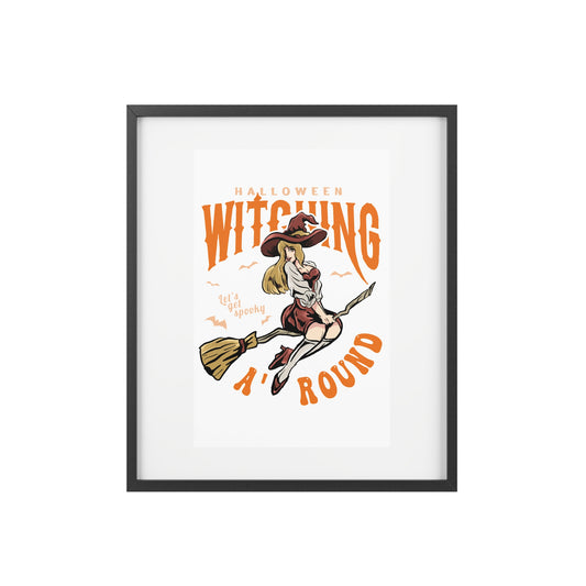 Halloween Witching Around Framed Poster — Vintage Witch on Broom Matte Print