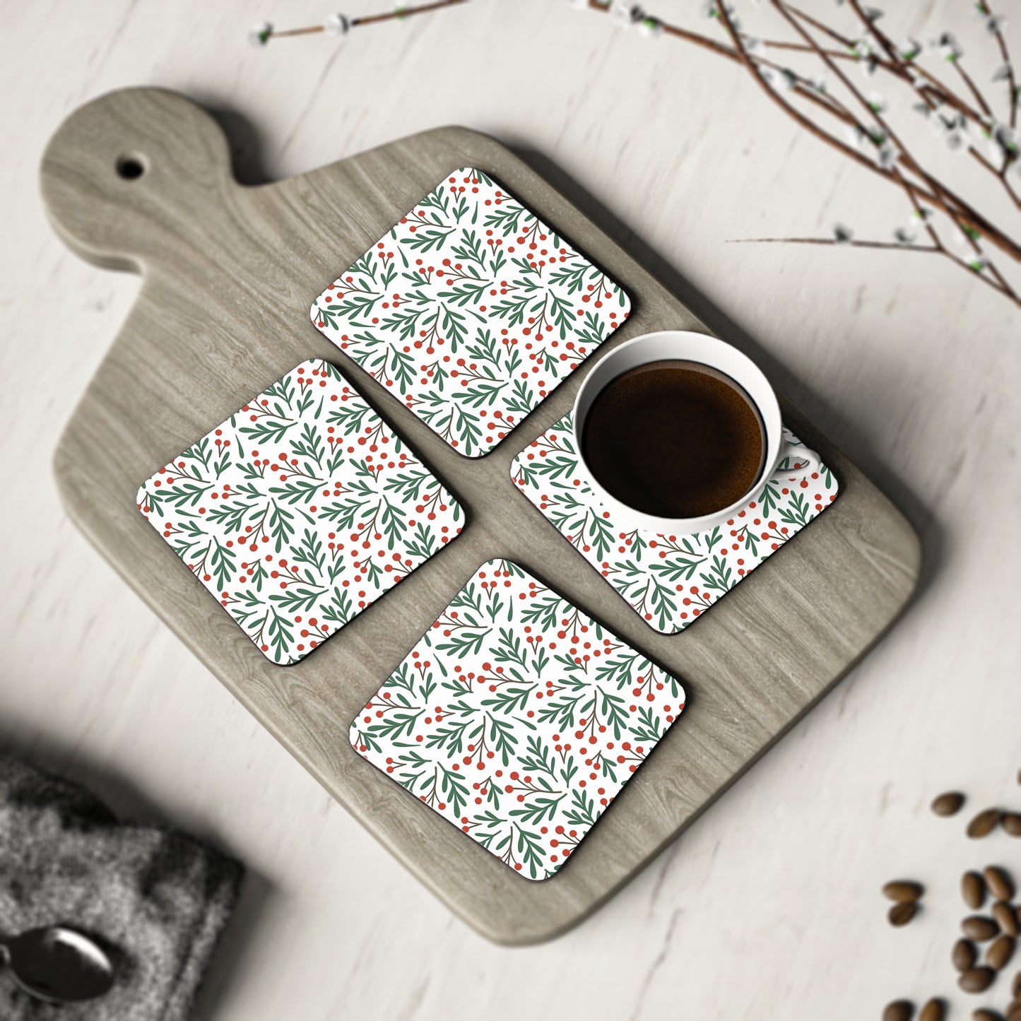 Holiday Berry Floral Coasters — Round Cork Drink Coasters (Set)