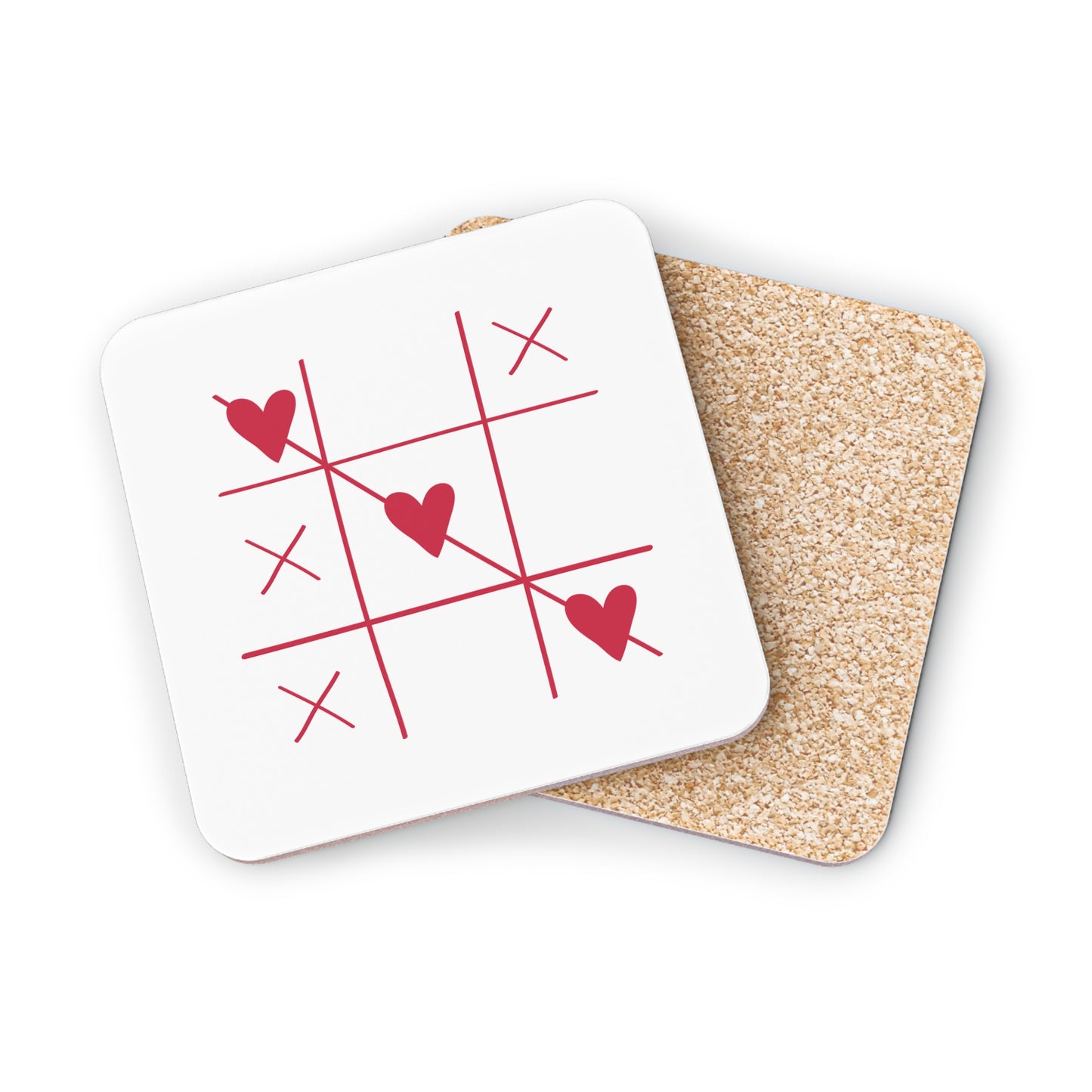 Heart Tic-Tac-Toe Cork Coasters — Valentine Romance Drink Coaster Set