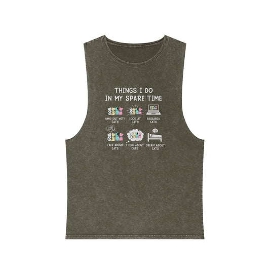 Cat Lover Graphic Tank Top — "Things I Do In My Spare Time" Stonewash Muscle Tee