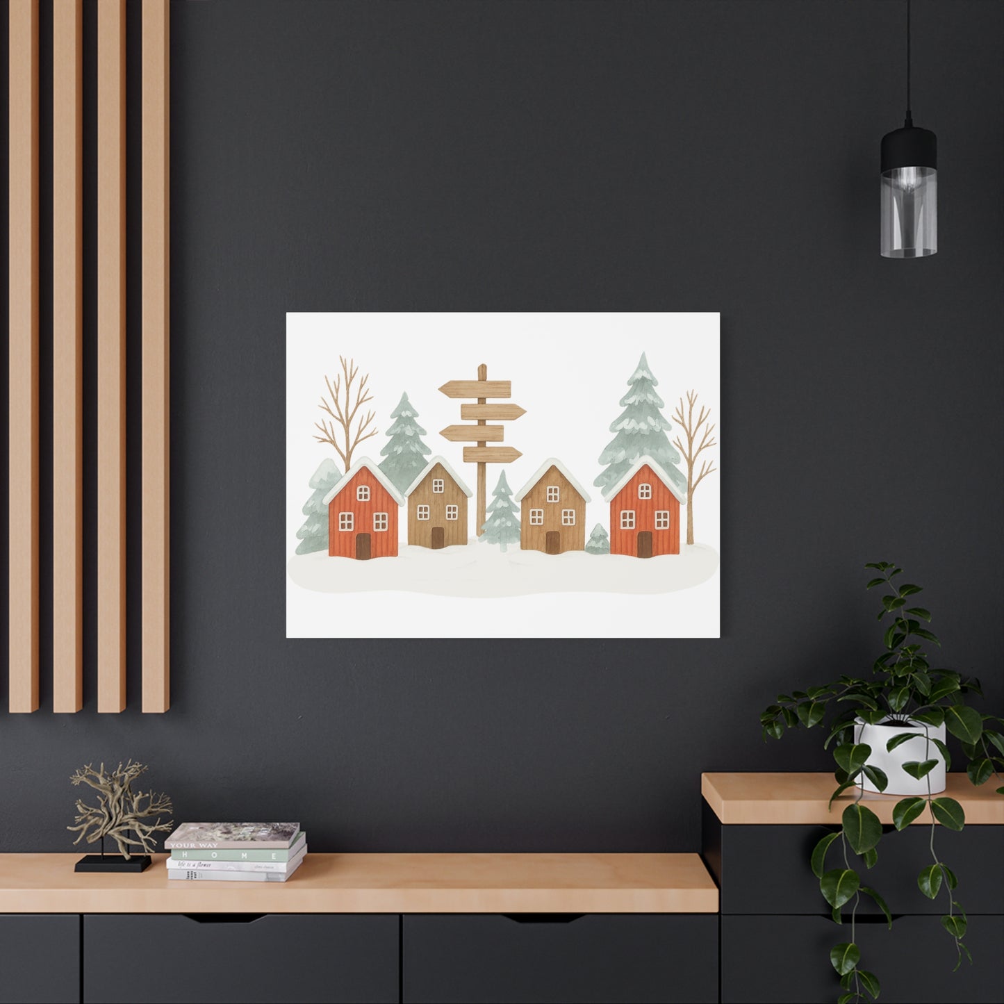 Winter Village Canvas Wall Art - Cozy Rustic Cabin Scene