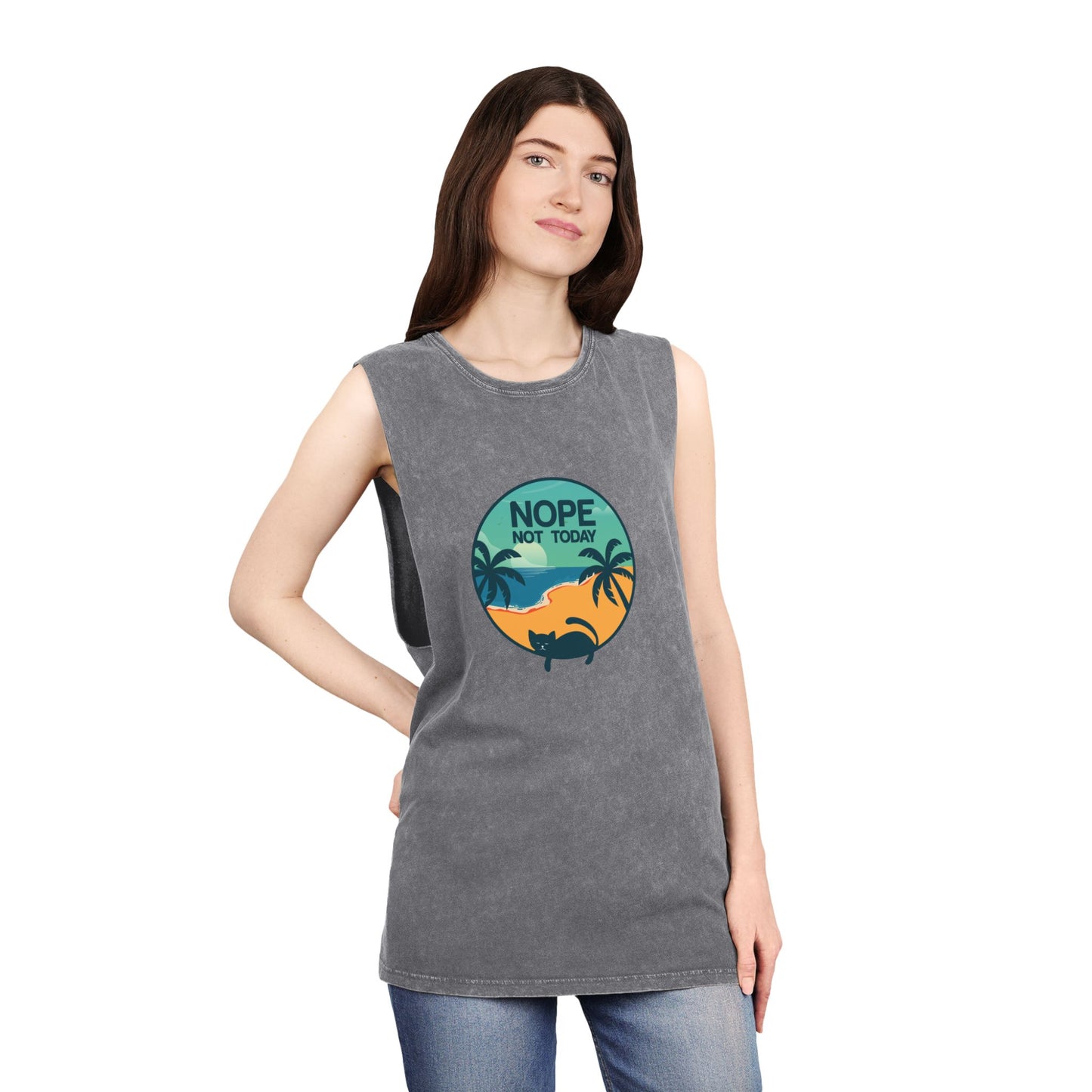 Nope Not Today Tank Top — Retro Beach Palm Graphic Stonewash Tank