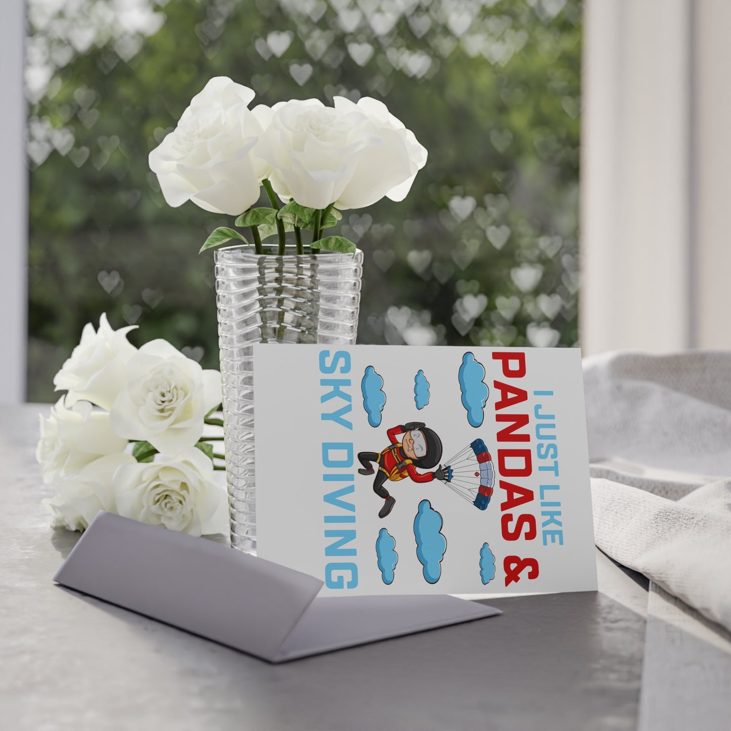 Whimsical Holiday Cards, Fun Greeting Card, Skydiving Card, Panda Lover Card, Unique One-sided Print Card