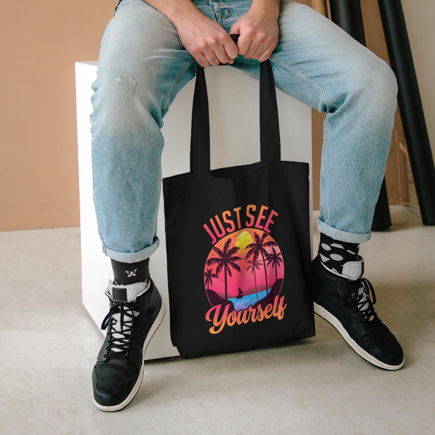 Tote Bag — "Just See Yourself" Retro Sunset Palm Beach Eco Tote