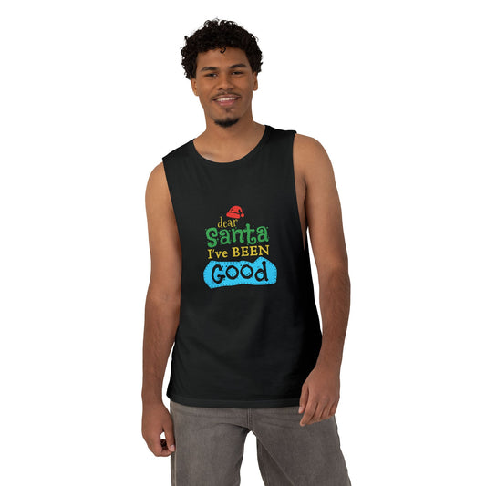 Christmas Tank Top — “Santa I’ve Been Good” Holiday Graphic Tank (Shimmy Cocoa Back)