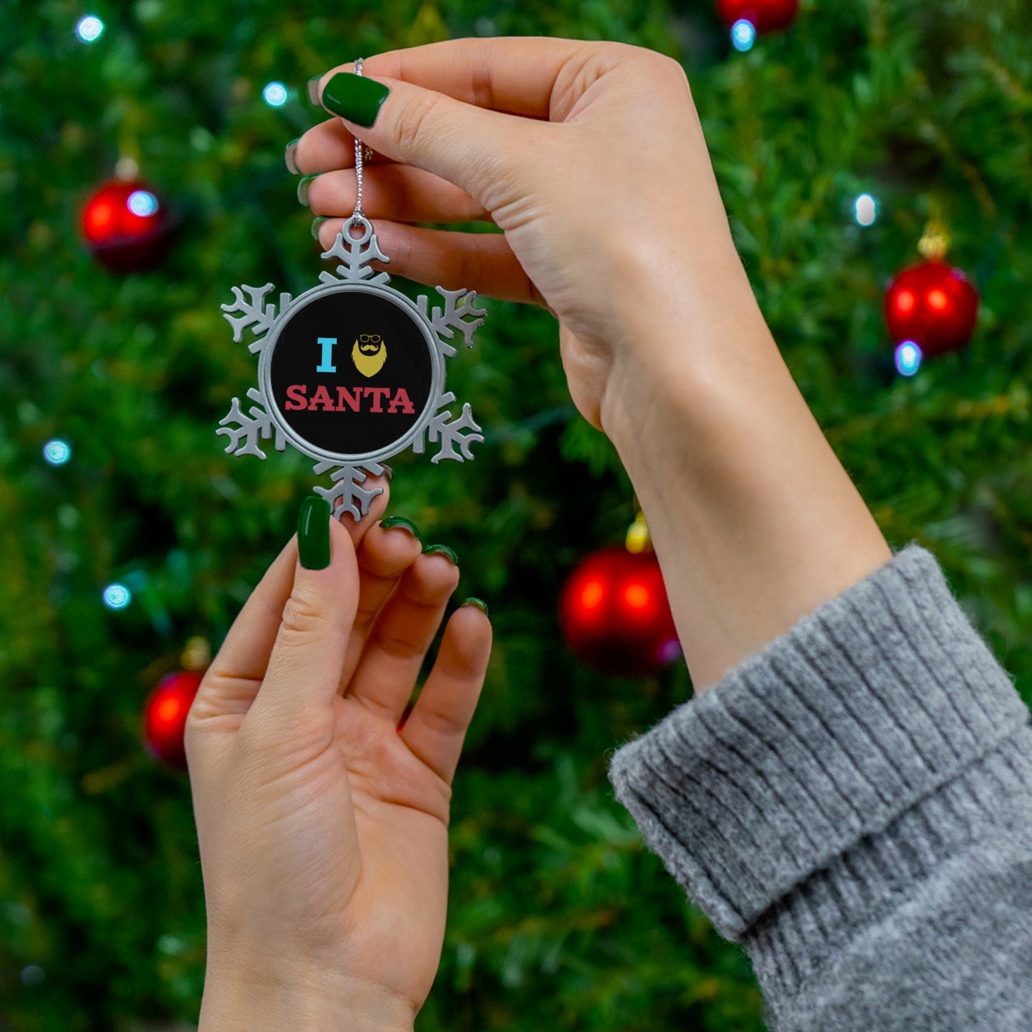 Pewter Snowflake Ornament — “I Santa” Holiday Tree Decoration