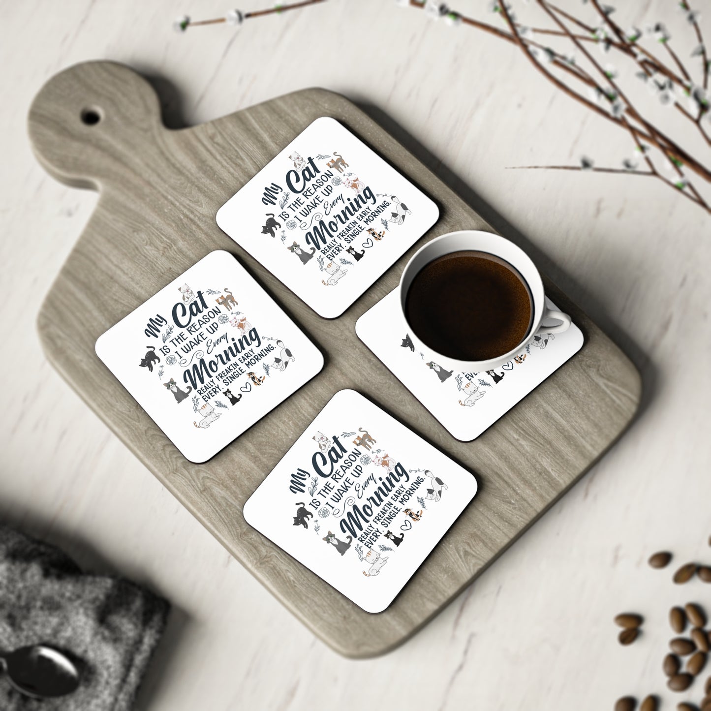 Cat Lover Coasters — "My Cat Is The Reason I Wake Up Every Morning" Cork Back Drink Coaster Set