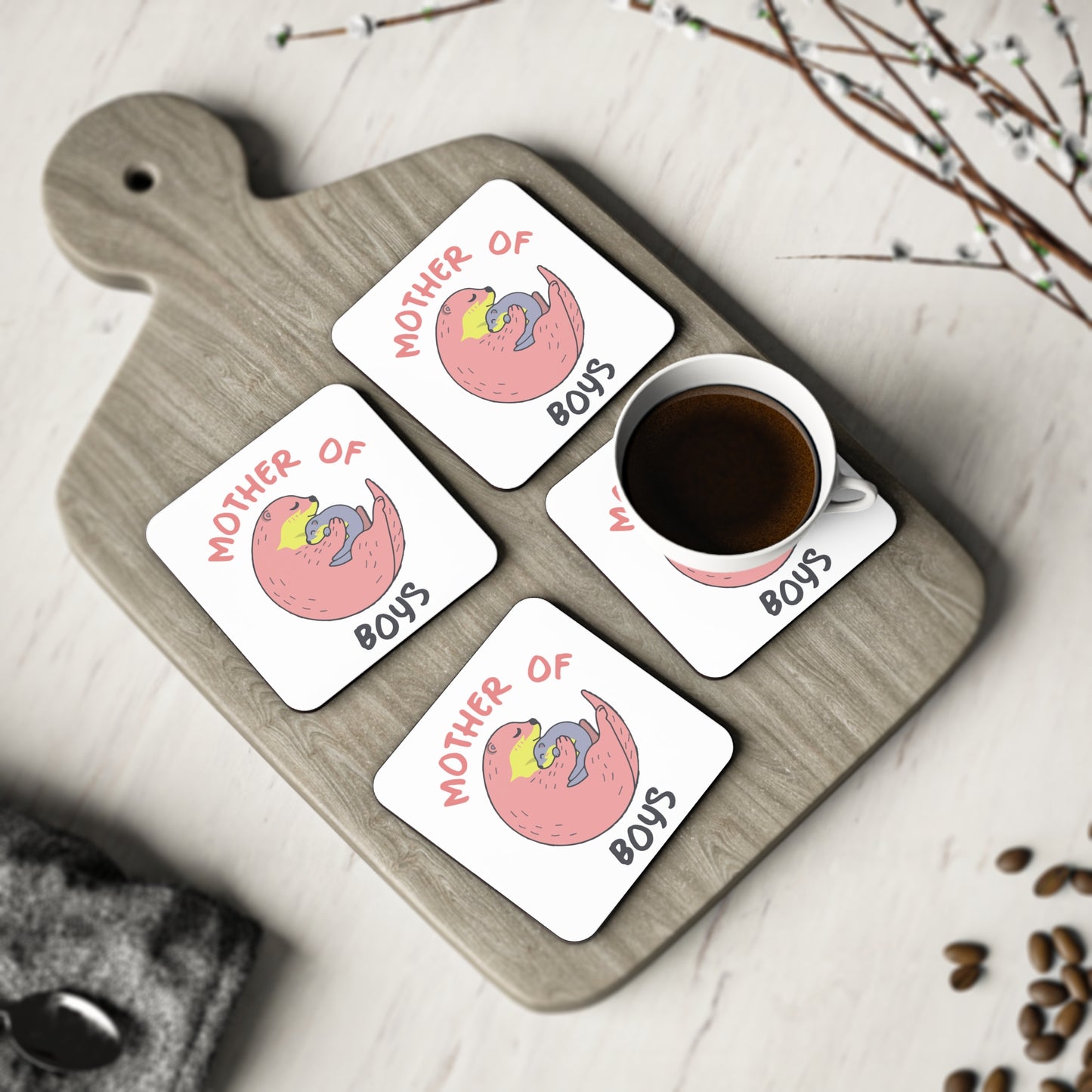 Mother of Boys Cork Coaster — Cute Otter Mom Drink Protector, Mother’s Day Gift