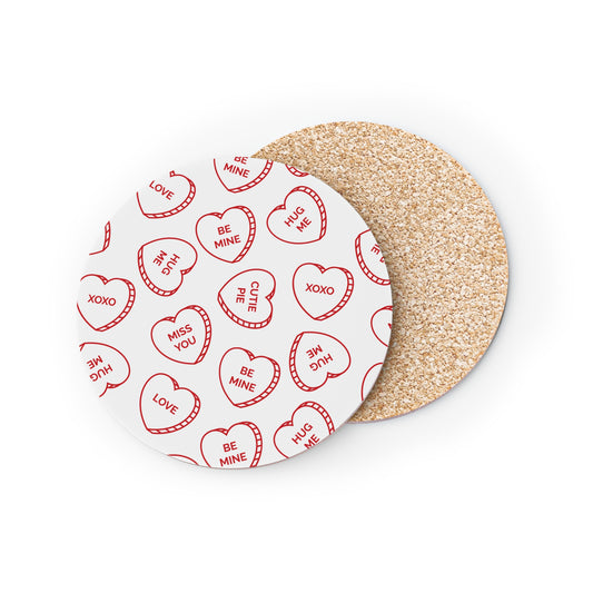 Valentine Conversation Heart Cork Coasters — Cute 'Be Mine' & 'XOXO' Drink Coasters (Set)