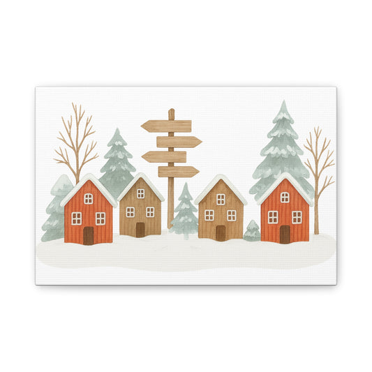 Winter Village Canvas Wall Art - Cozy Rustic Cabin Scene