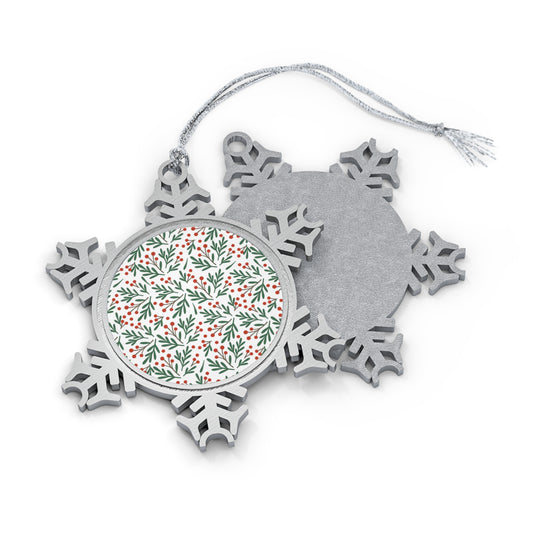 Pewter Snowflake Ornament with Holly Pattern — Festive Christmas Tree Decoration