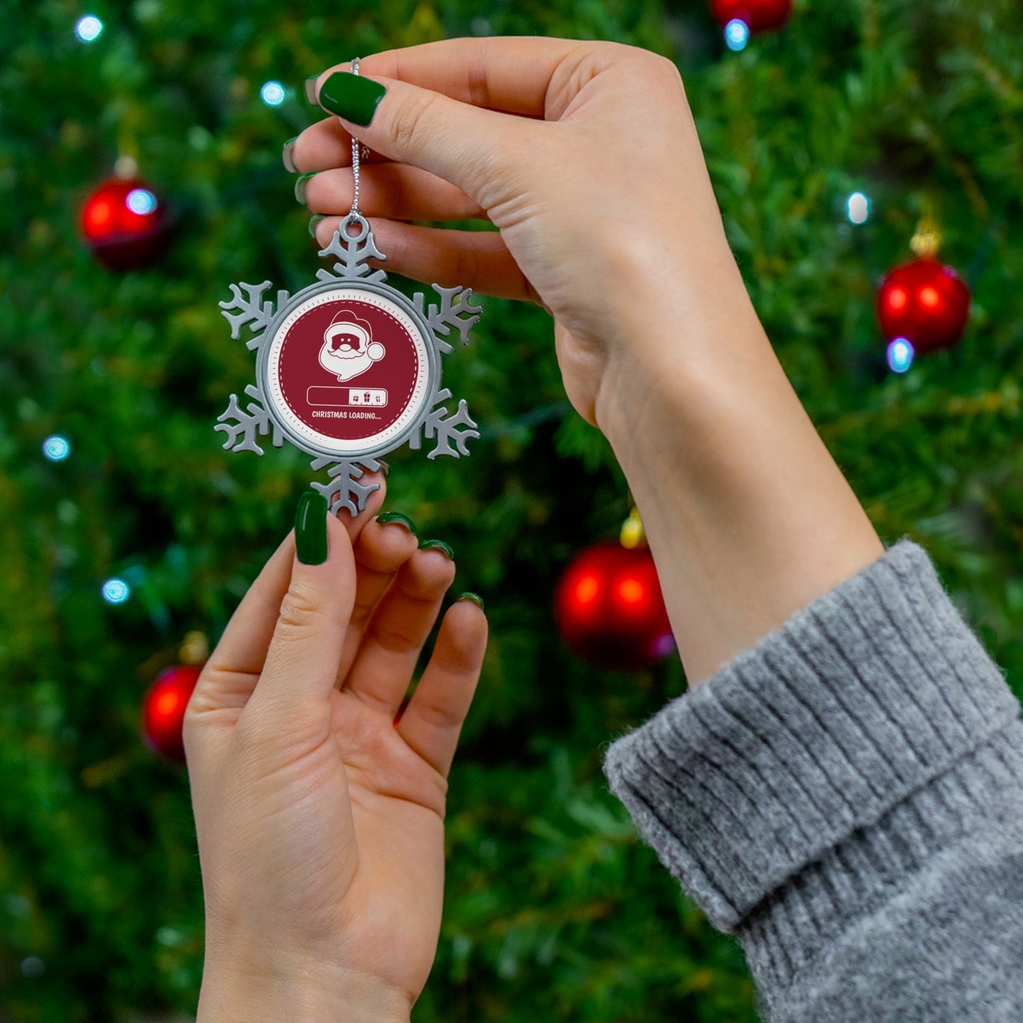 Pewter Snowflake Ornament — 'Christmas Loading...' Santa Holiday Tree Decoration