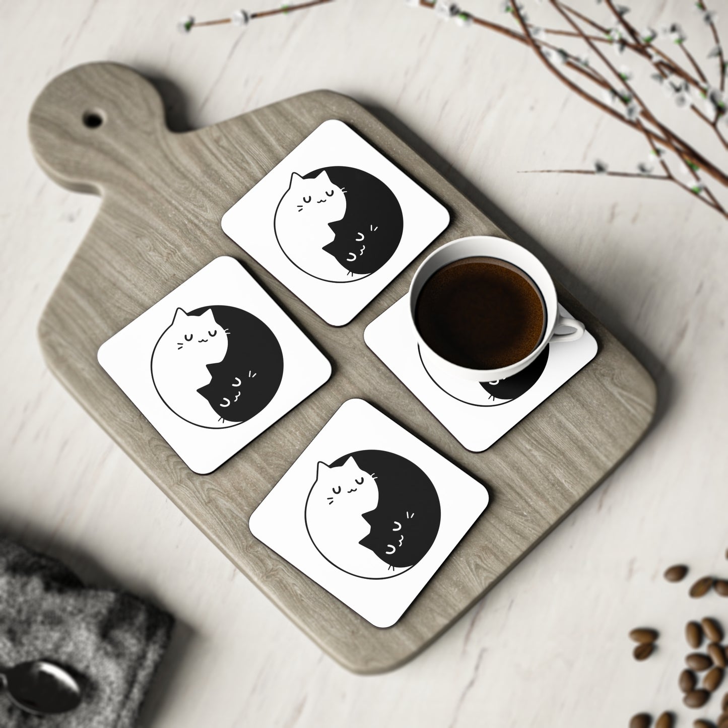 Cat Yin Yang Cork Coaster — Black & White Cute Cat Drink Coaster Set