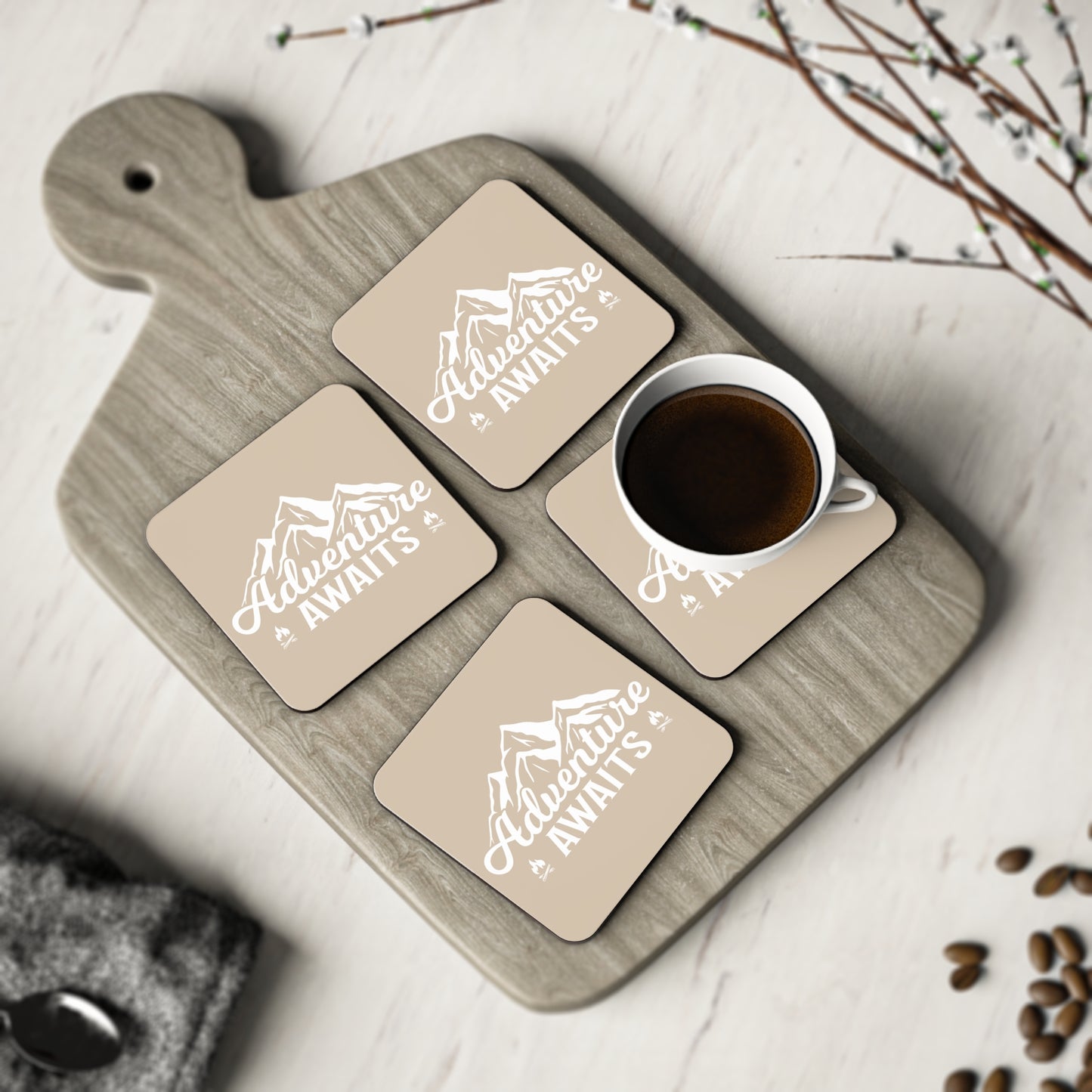 Adventure Awaits Coaster — Mountain Travel Cork Drink Coaster
