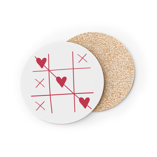 Heart Tic-Tac-Toe Cork Coasters — Valentine Romance Drink Coaster Set