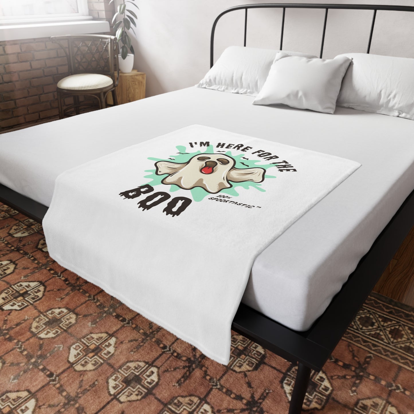 Halloween Plush Fleece Blanket - "I'm Here For The Boo" Cute Ghost Throw