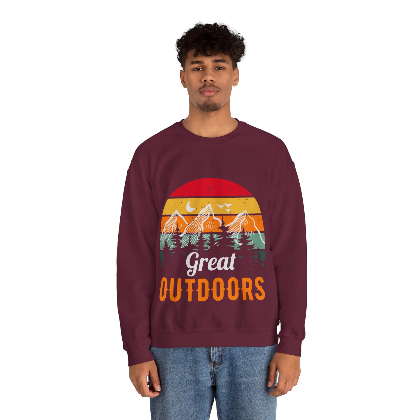 Great Outdoors Crewneck Sweatshirt — Vintage Sunset Camping Hoodie Alternative
