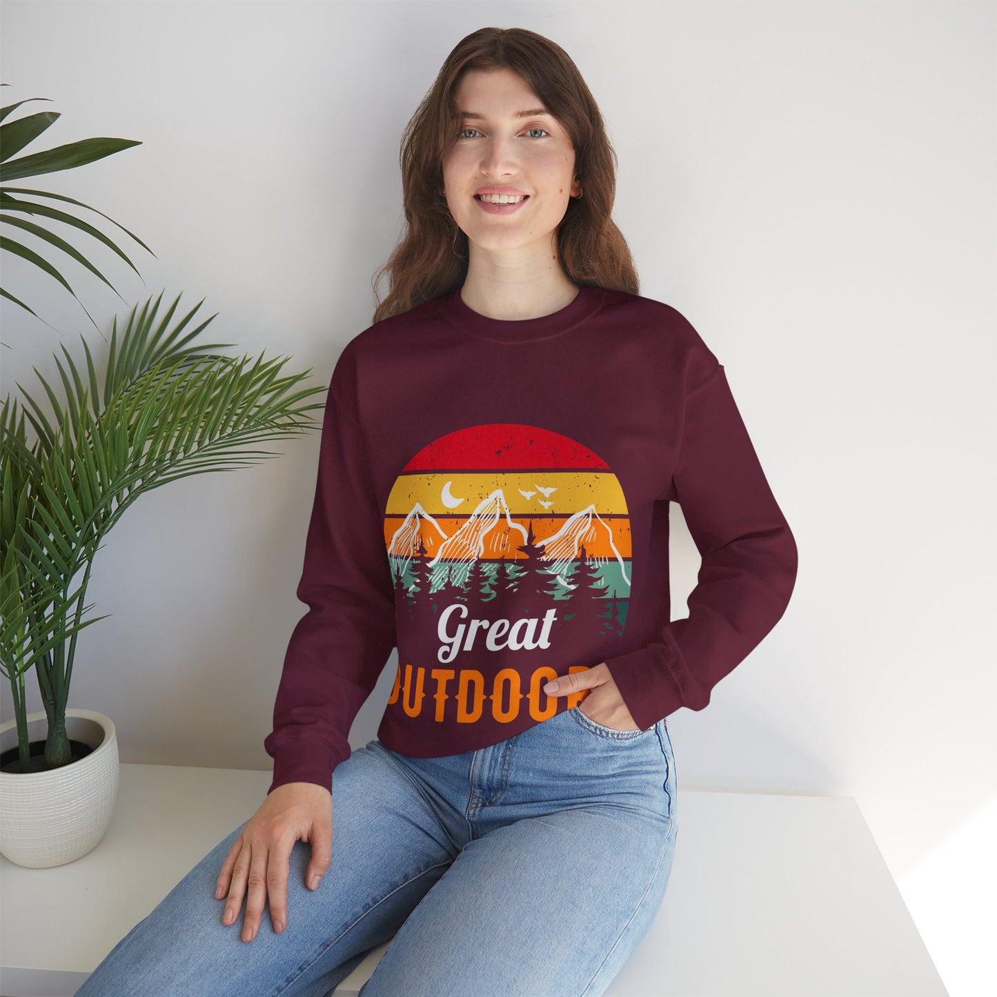 Great Outdoors Crewneck Sweatshirt — Vintage Sunset Camping Hoodie Alternative