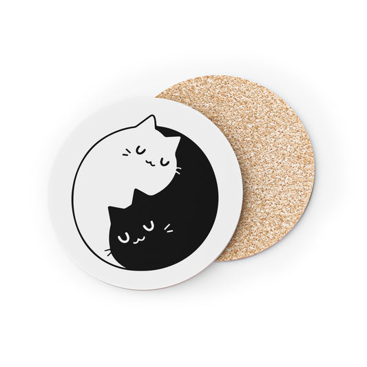 Cat Yin Yang Cork Coaster — Black & White Cute Cat Drink Coaster Set
