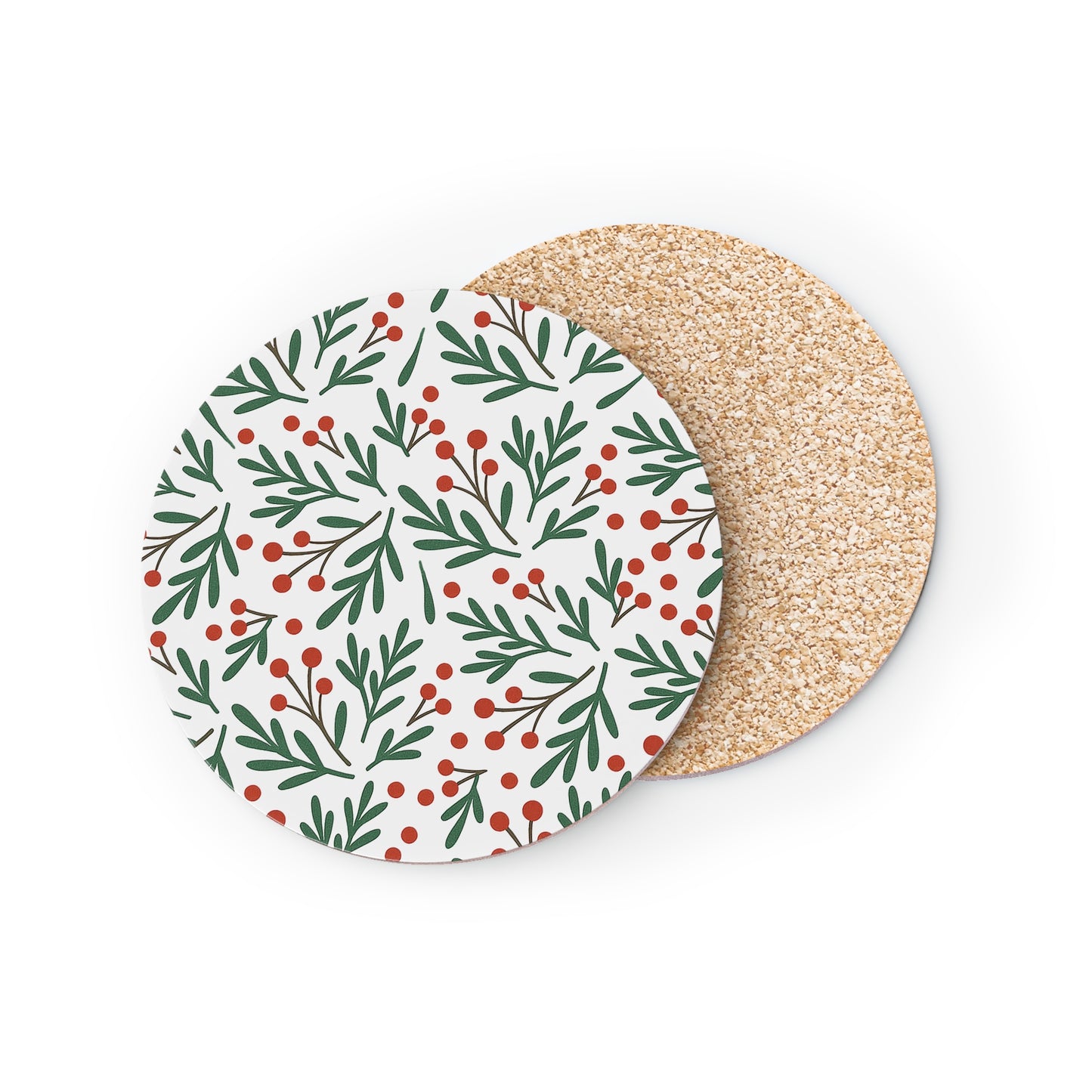 Holiday Berry Floral Coasters — Round Cork Drink Coasters (Set)