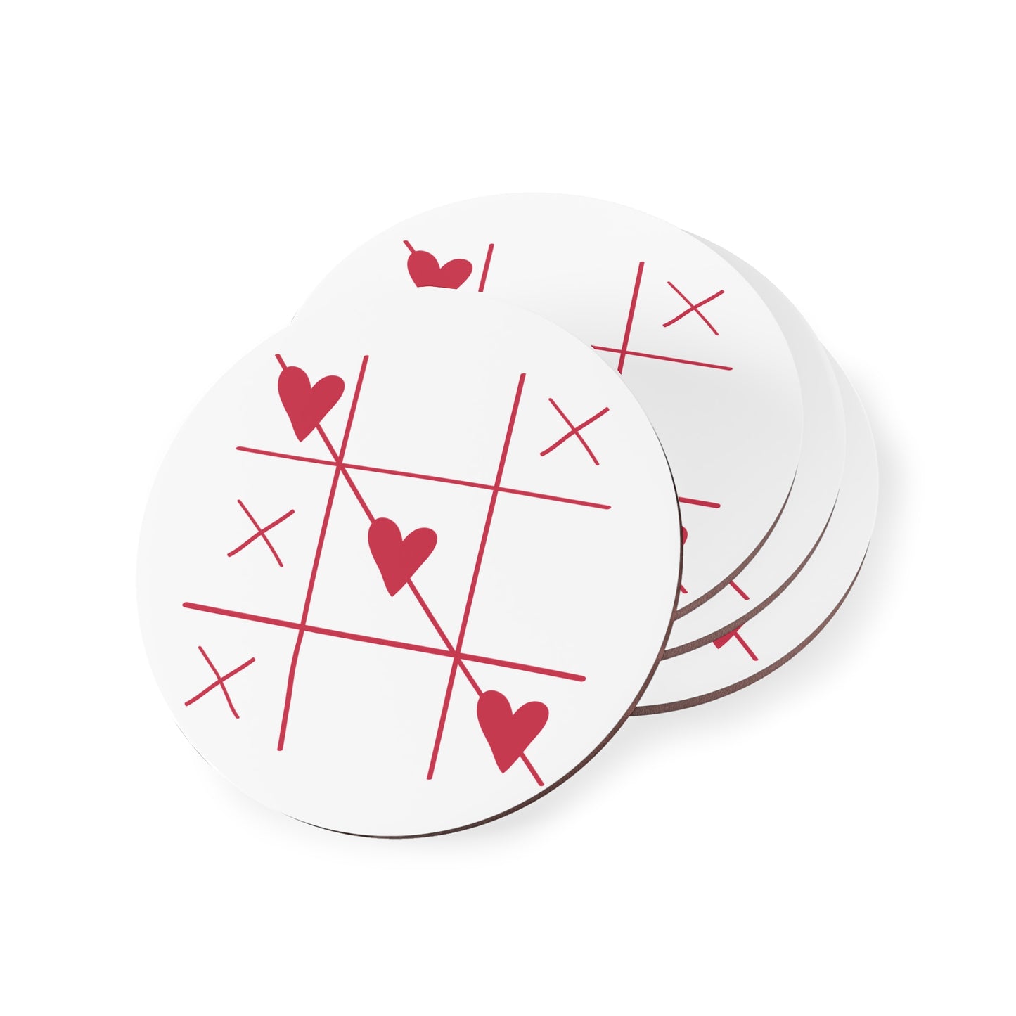 Heart Tic-Tac-Toe Cork Coasters — Valentine Romance Drink Coaster Set