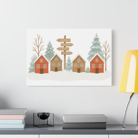 Winter Village Canvas Wall Art - Cozy Rustic Cabin Scene
