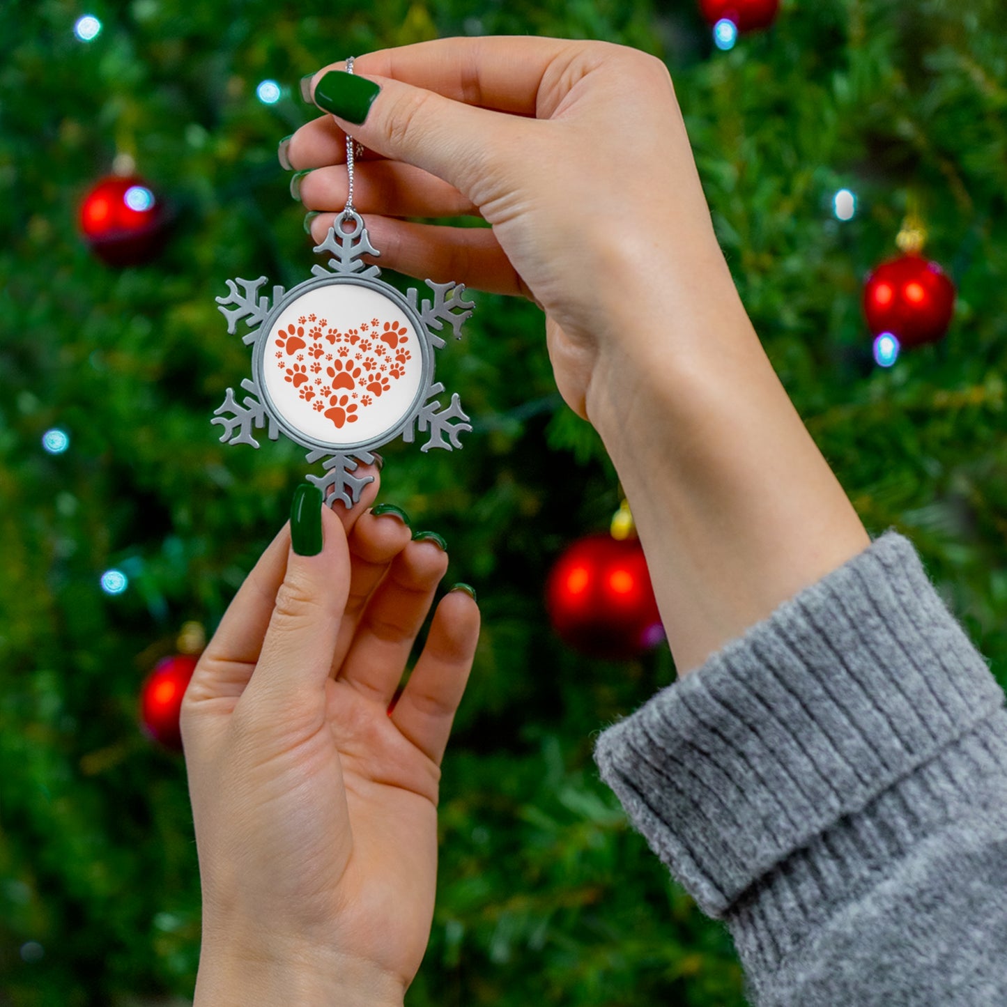 Pewter Snowflake Ornament — Red Paw Print Heart Holiday Keepsake