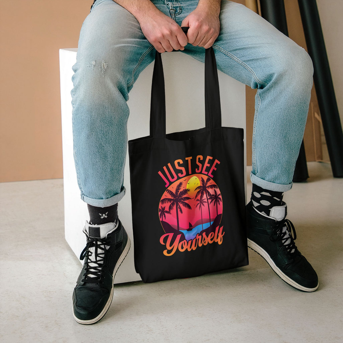 Tote Bag — "Just See Yourself" Retro Sunset Palm Beach Eco Tote