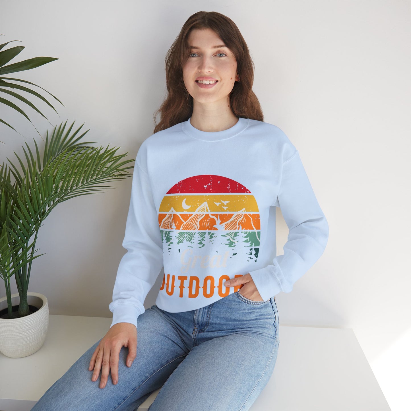Great Outdoors Crewneck Sweatshirt — Vintage Sunset Camping Hoodie Alternative