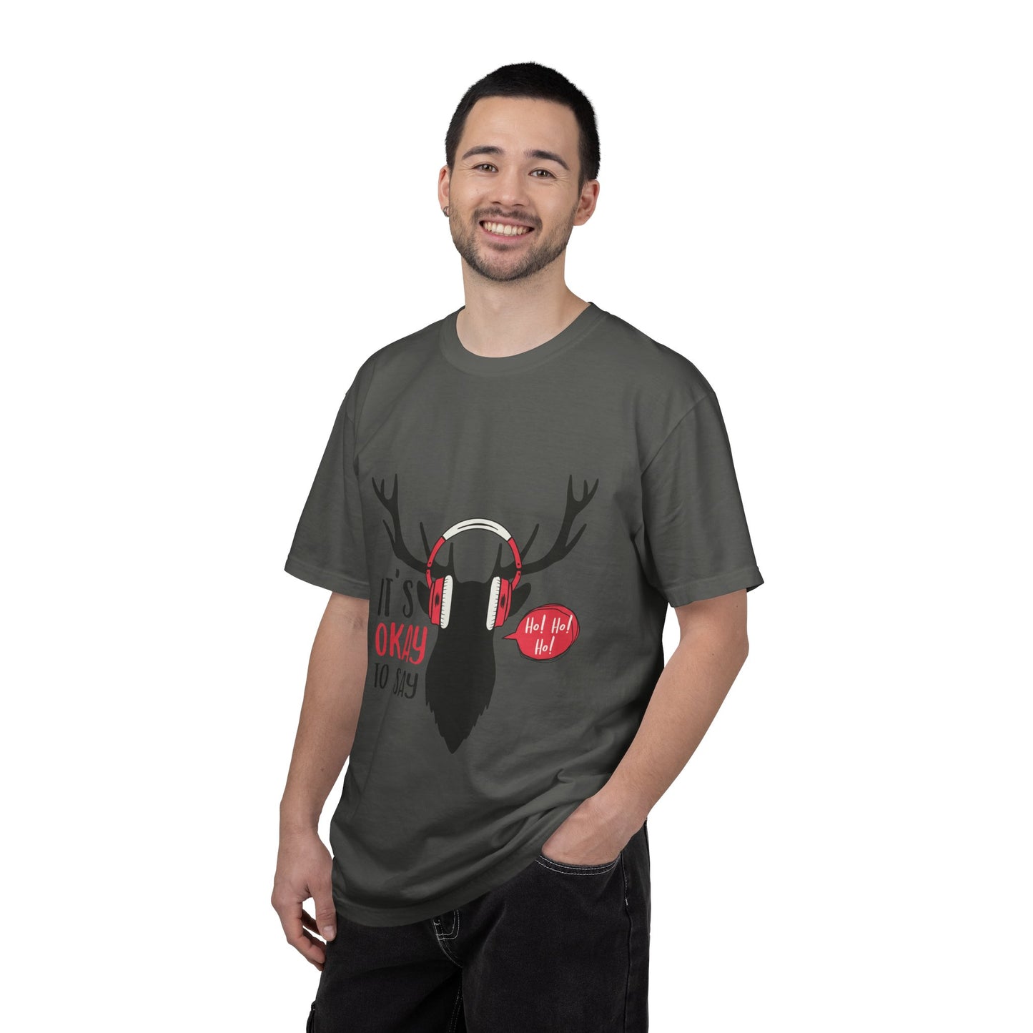 Reindeer Headphones Christmas T-Shirt – "It’s Okay to Say Ho! Ho! Ho!" Holiday Tee