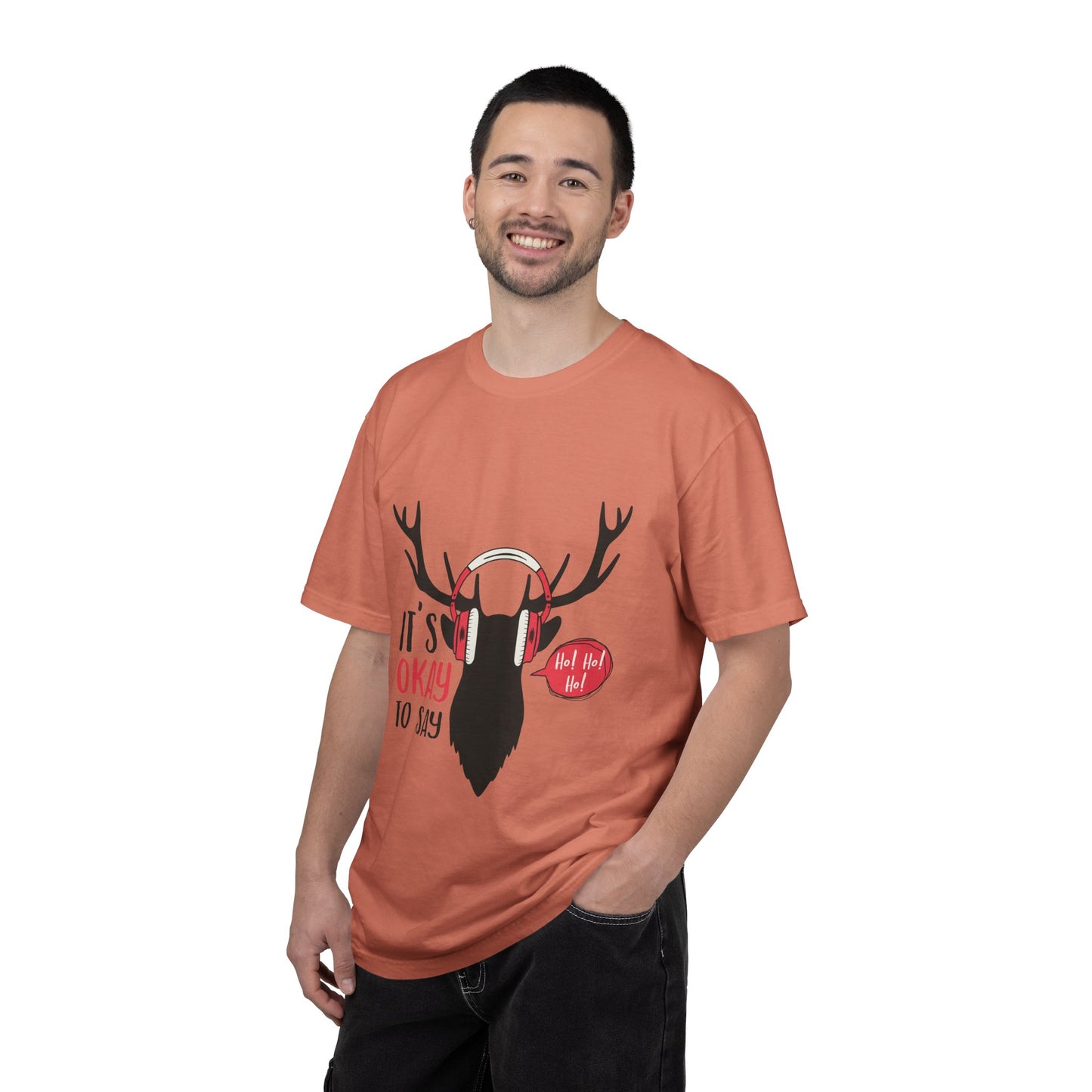 Reindeer Headphones Christmas T-Shirt – "It’s Okay to Say Ho! Ho! Ho!" Holiday Tee