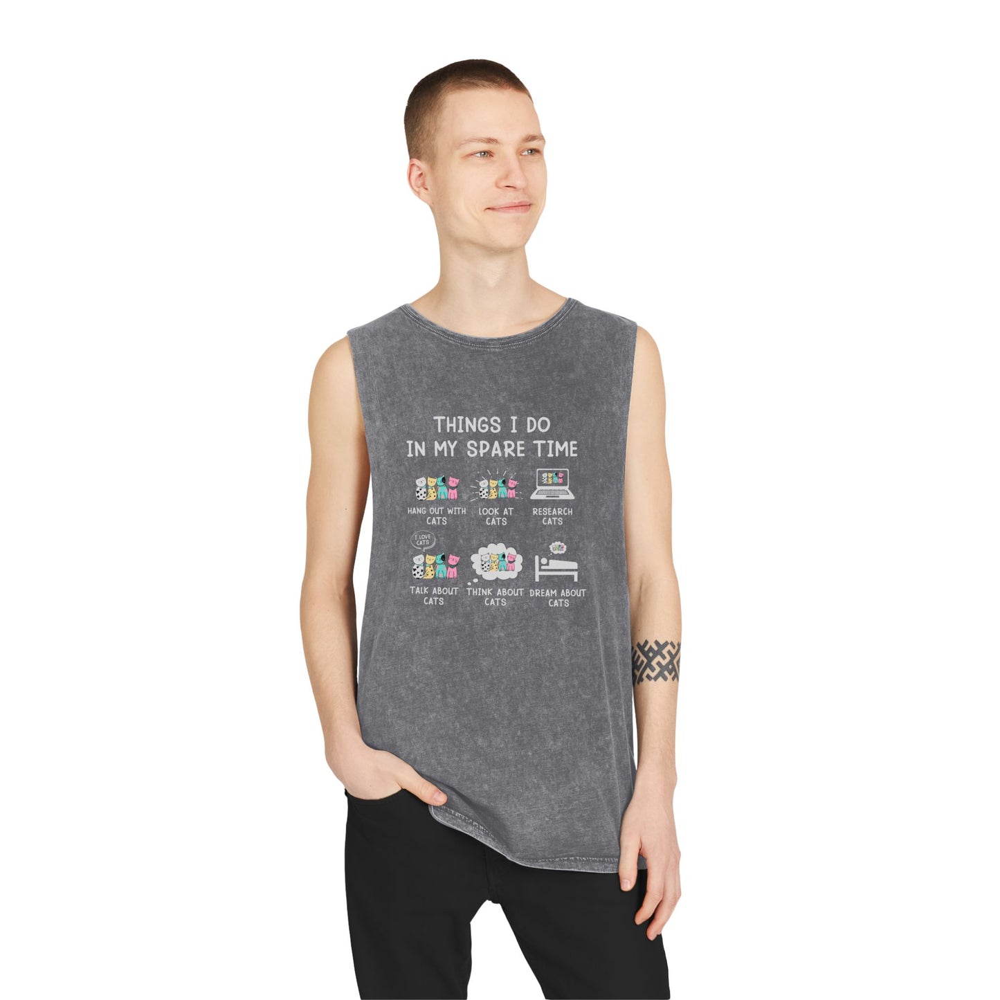 Cat Lover Graphic Tank Top — "Things I Do In My Spare Time" Stonewash Muscle Tee