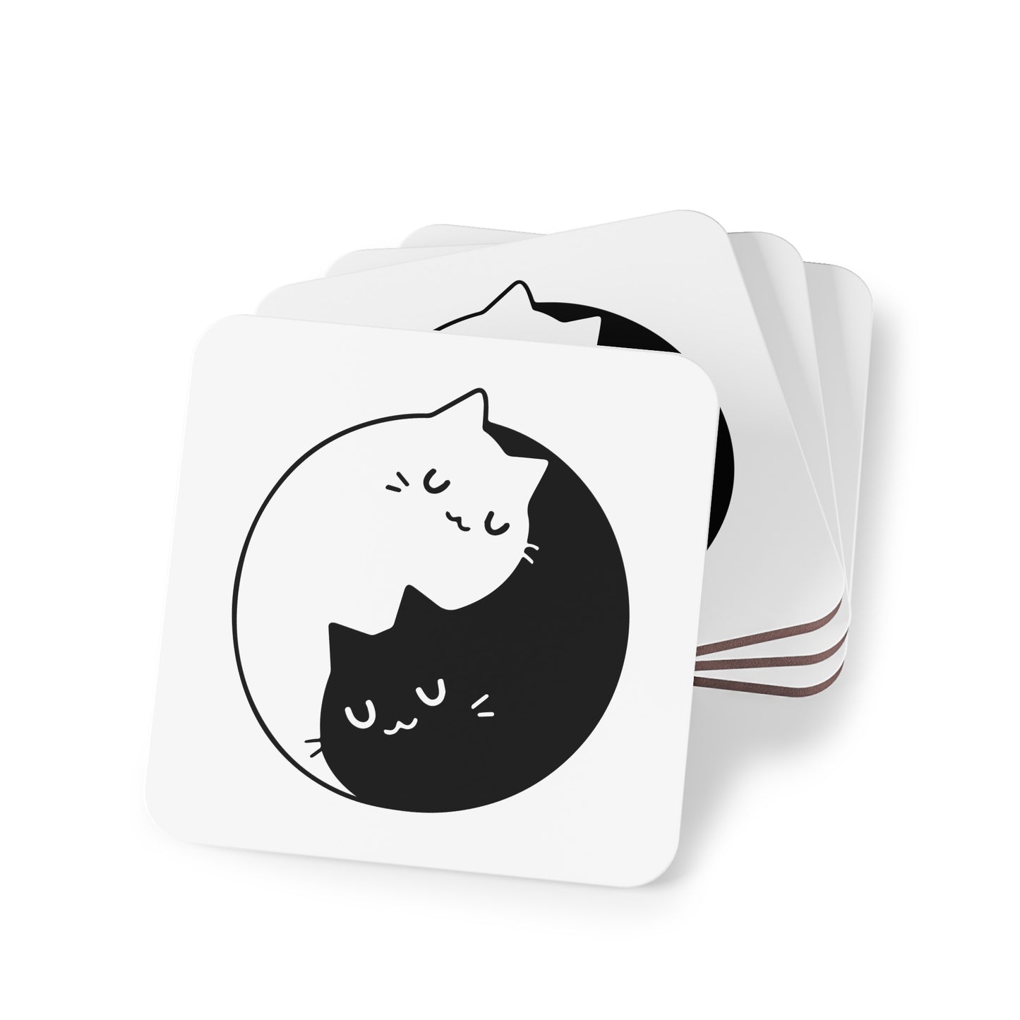 Cat Yin Yang Cork Coaster — Black & White Cute Cat Drink Coaster Set