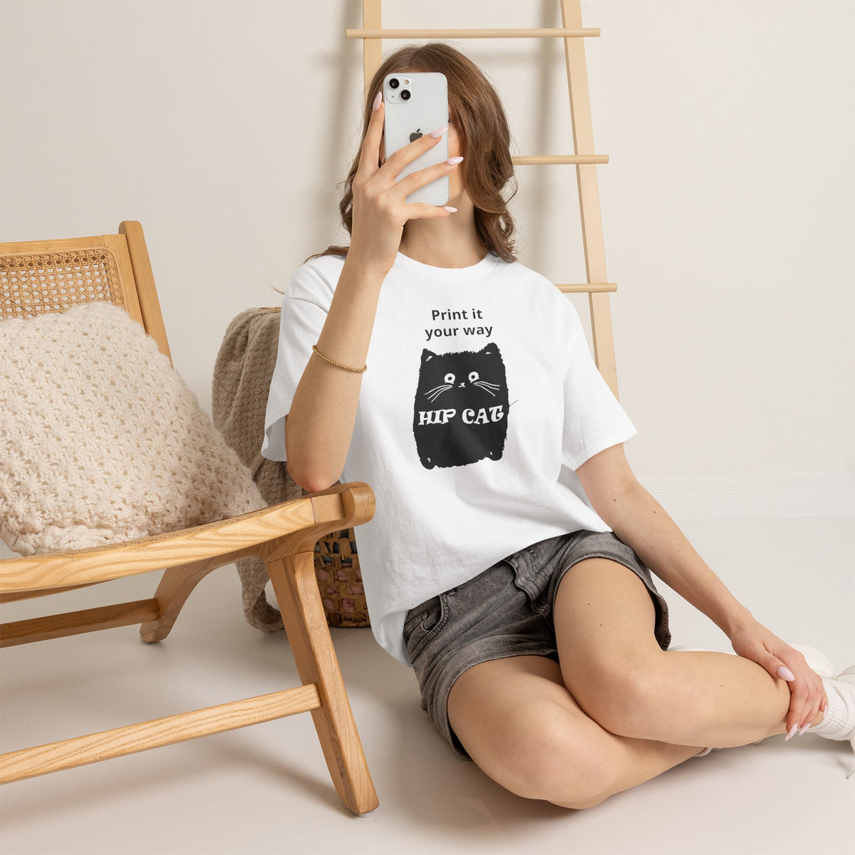 Hip Cat T-Shirt — Cute Black Cat Graphic Tee with “Print it your way” Slogan