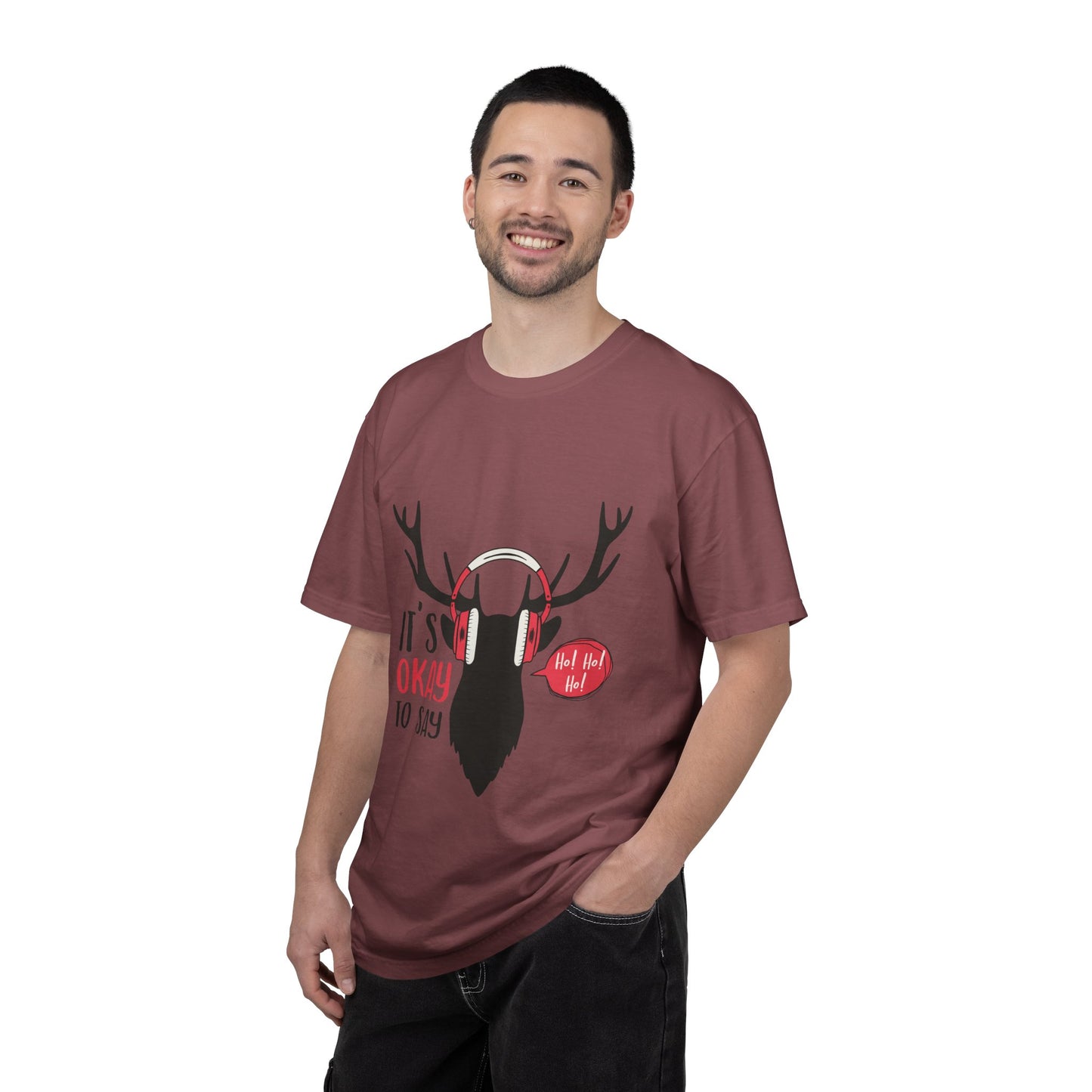 Reindeer Headphones Christmas T-Shirt – "It’s Okay to Say Ho! Ho! Ho!" Holiday Tee