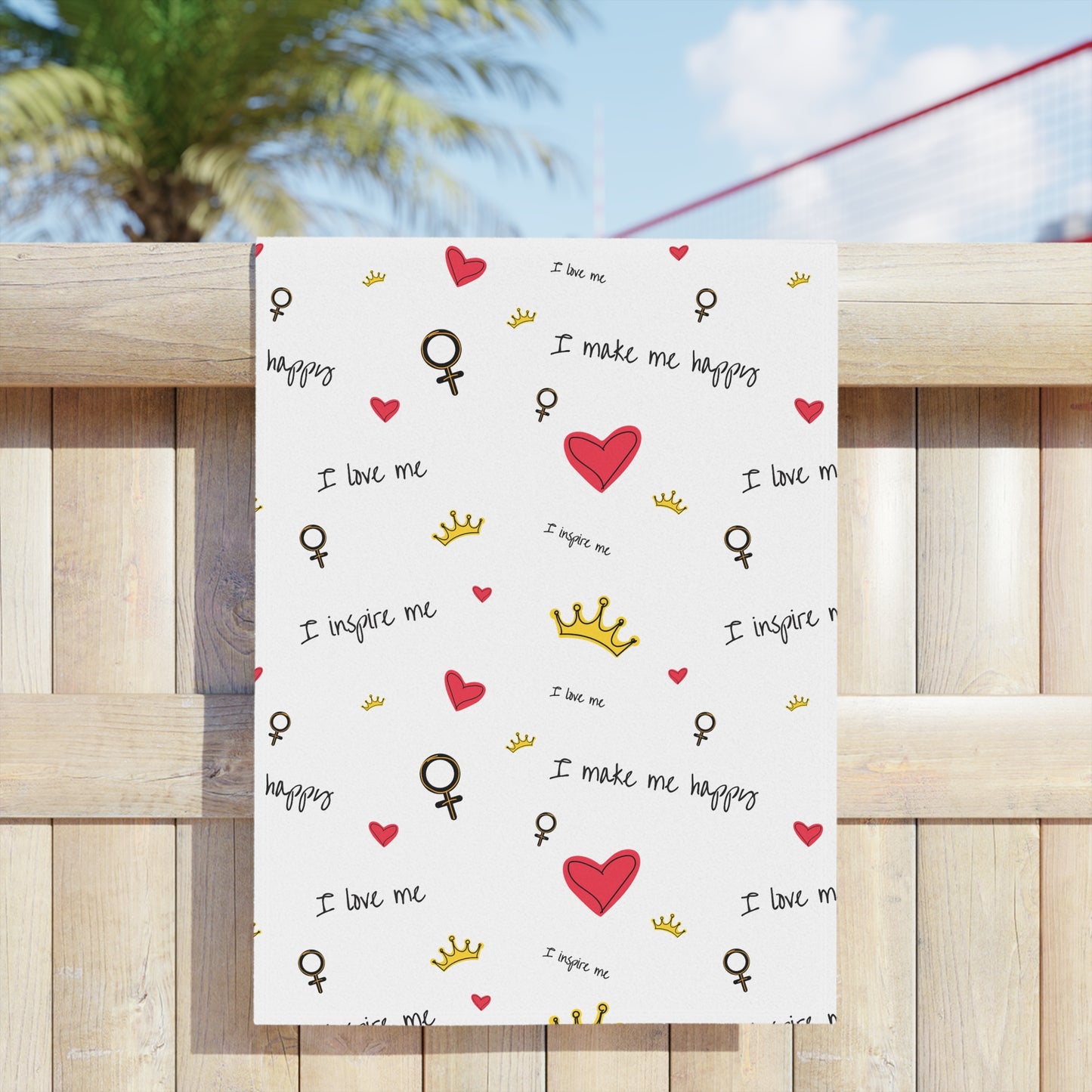 Beach Towel — Self Love Pattern with Hearts, Crowns & "I Love Me" Text