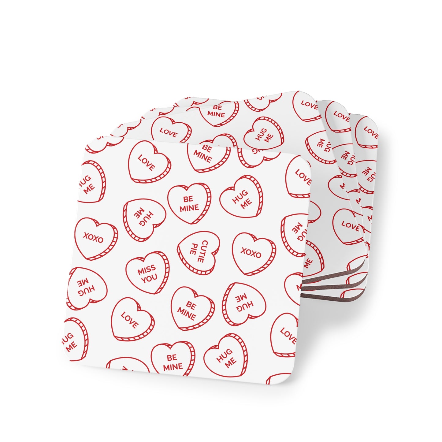 Valentine Conversation Heart Cork Coasters — Cute 'Be Mine' & 'XOXO' Drink Coasters (Set)