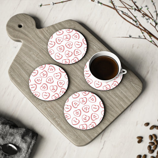 Valentine Conversation Heart Cork Coasters — Cute 'Be Mine' & 'XOXO' Drink Coasters (Set)