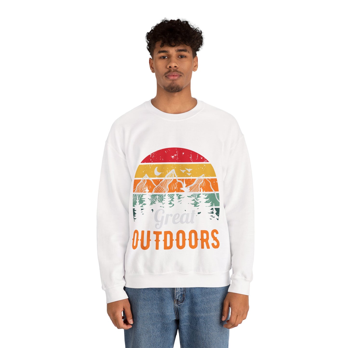 Great Outdoors Crewneck Sweatshirt — Vintage Sunset Camping Hoodie Alternative