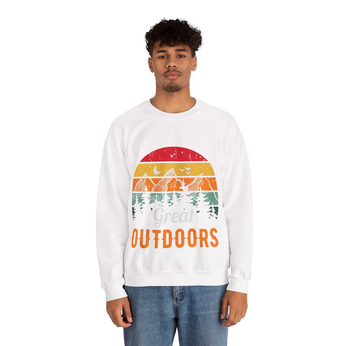 Great Outdoors Crewneck Sweatshirt — Vintage Sunset Camping Hoodie Alternative