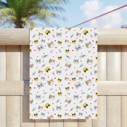 Cute Kawaii Cat Pattern Beach Towel – Playful Emoji Cat Faces, Summer Pool & Beach Towel