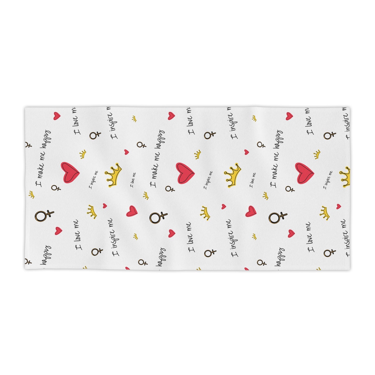 Beach Towel — Self Love Pattern with Hearts, Crowns & "I Love Me" Text