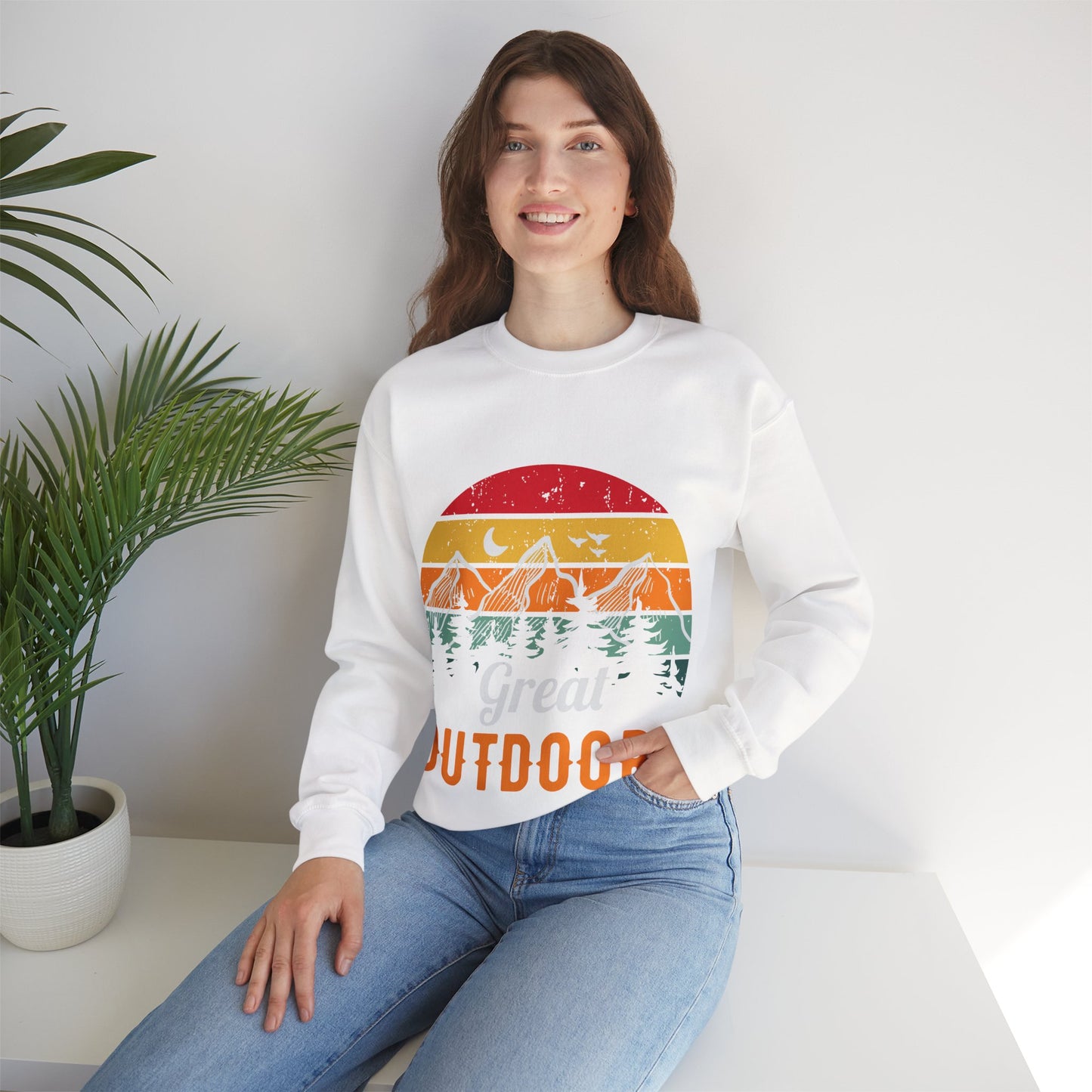 Great Outdoors Crewneck Sweatshirt — Vintage Sunset Camping Hoodie Alternative