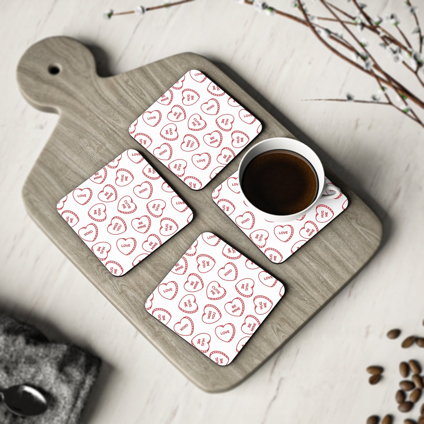 Valentine Conversation Heart Cork Coasters — Cute 'Be Mine' & 'XOXO' Drink Coasters (Set)