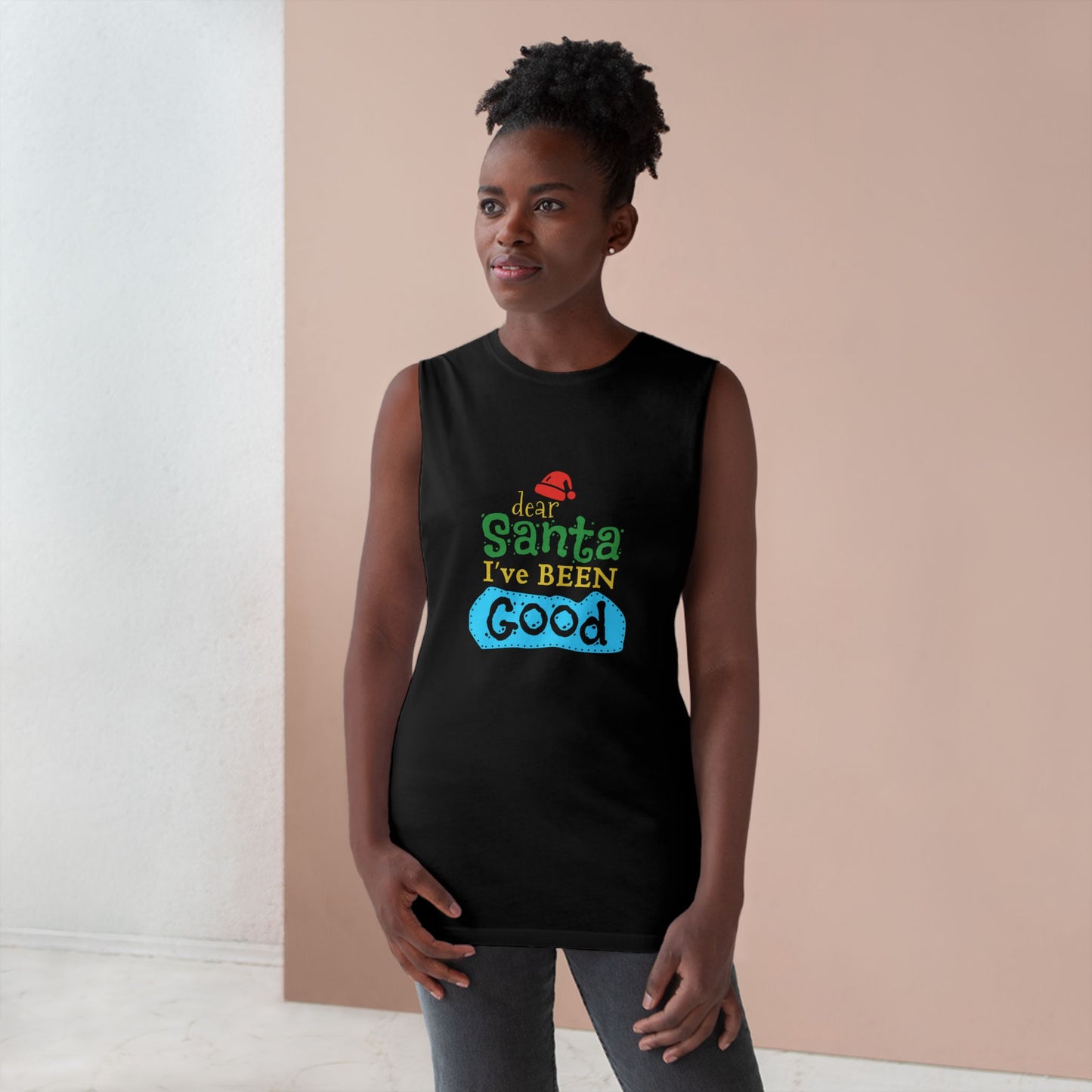 Christmas Tank Top — “Santa I’ve Been Good” Holiday Graphic Tank (Shimmy Cocoa Back)