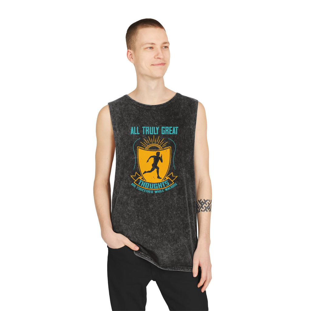 Gym Tank Top — “Heavy Weights and Protein Shakes” Stonewash Sleeveless Top